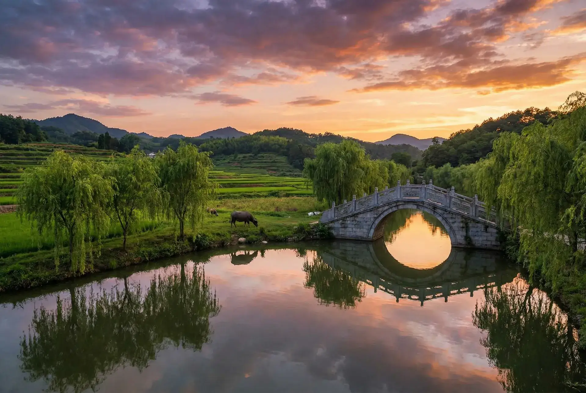 夕阳下的石拱桥与垂柳，水牛在河边吃草 - 爱的迫降韩剧 乡村美景